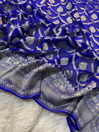 Royal Blue Pure Khaddi Georgette Silk Banarasi Saree