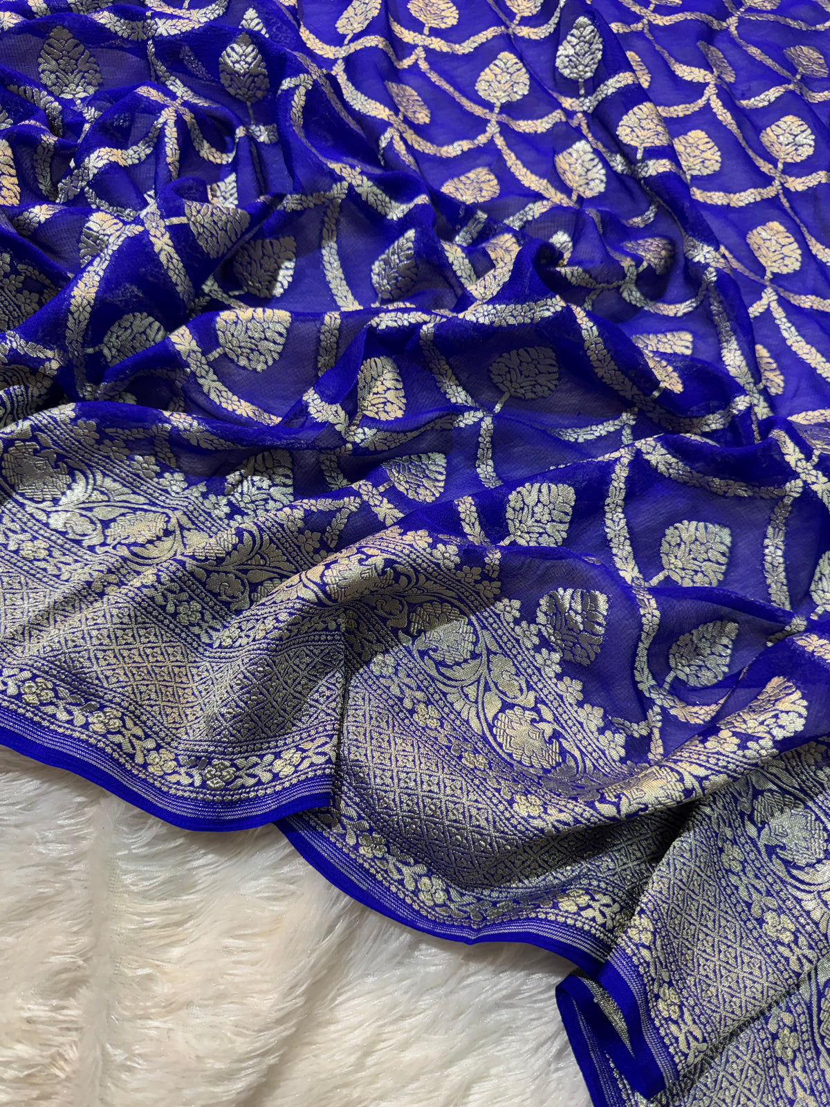 Royal Blue Pure Khaddi Georgette Silk Banarasi Saree