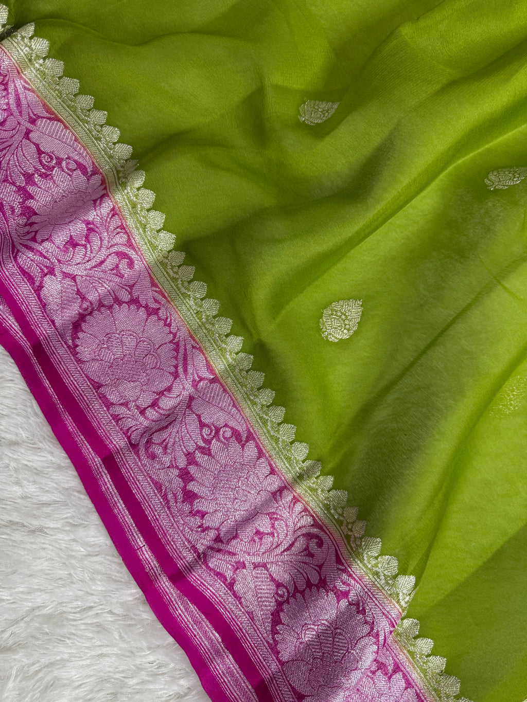 Lime Green & Rani Pink Pure Khaddi Chiffon Silk Banarasi Saree