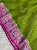 Lime Green & Rani Pink Pure Khaddi Chiffon Silk Banarasi Saree
