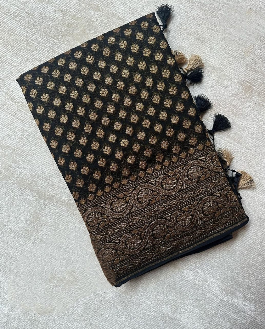 Black Pure Khaddi Georgette Silk Banarasi Booti Saree