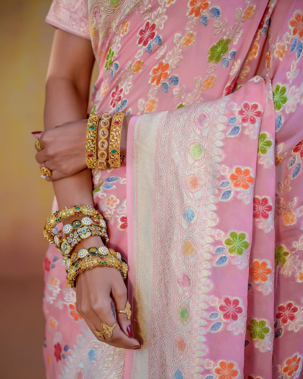 Baby Pink With Handbrush Pure Khaddi Georgette Silk Banarasi Saree