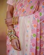 Baby Pink With Handbrush Pure Khaddi Georgette Silk Banarasi Saree