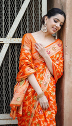 Fanta Orange Pure Khaddi Chiffon Silk Banarasi Saree