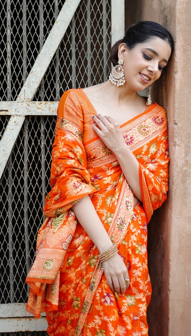 Fanta Orange Pure Khaddi Chiffon Silk Banarasi Saree