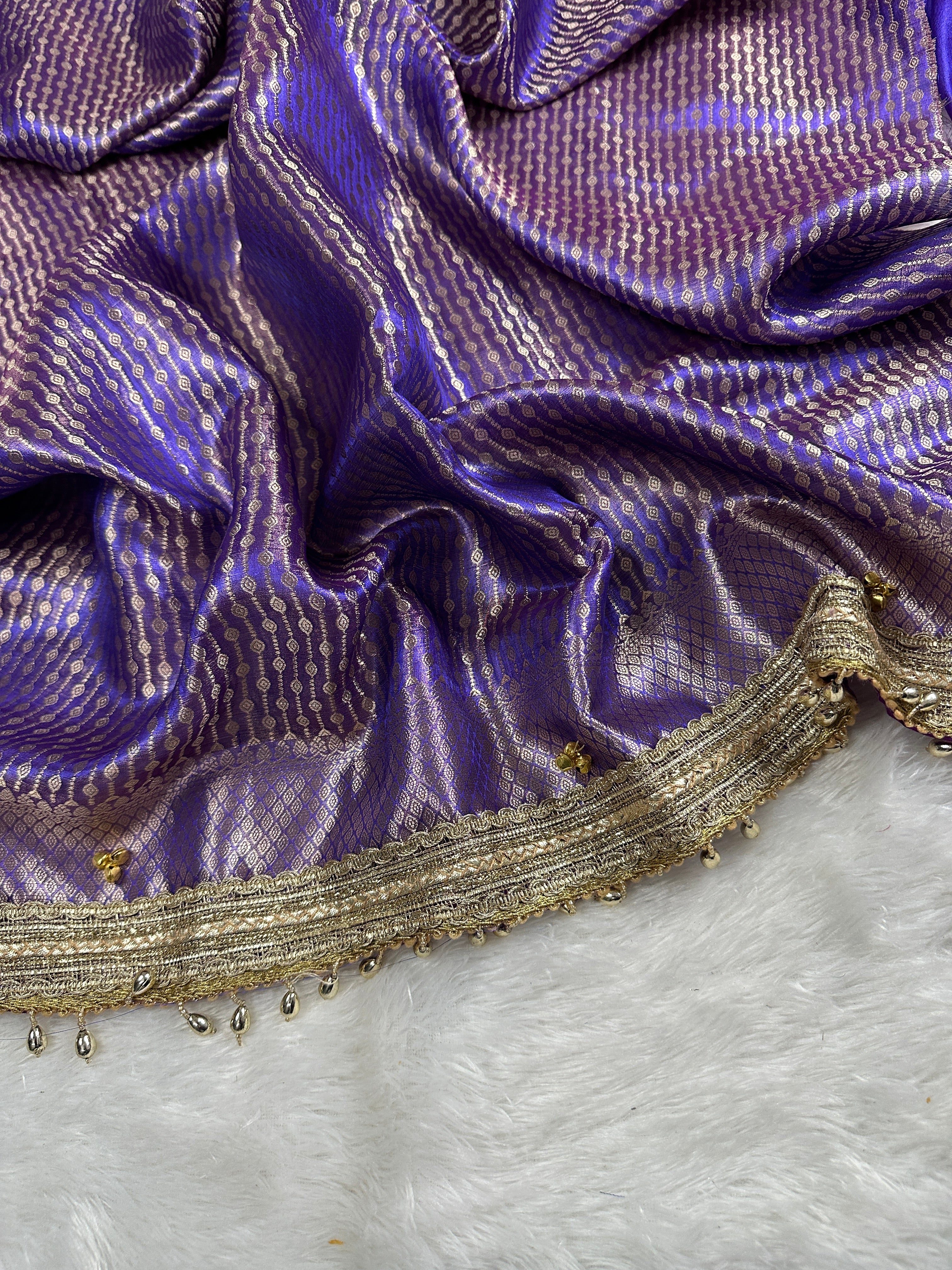 Royal Blue Tissue Silk Saree With Golden Ghungroo Butti Work & Luxury Lace Border