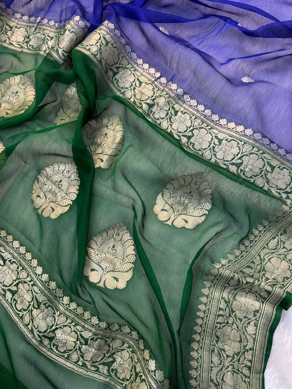 Royal Blue & Green Pure Khaddi Chiffon Silk Banarasi Saree