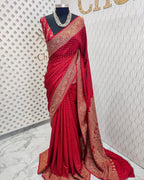 Red Pure Khaddi Crep Silk Banarasi Saree