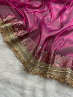 Wine Magenta Tissue Silk Saree With Mirror Work & Designer Lace Border