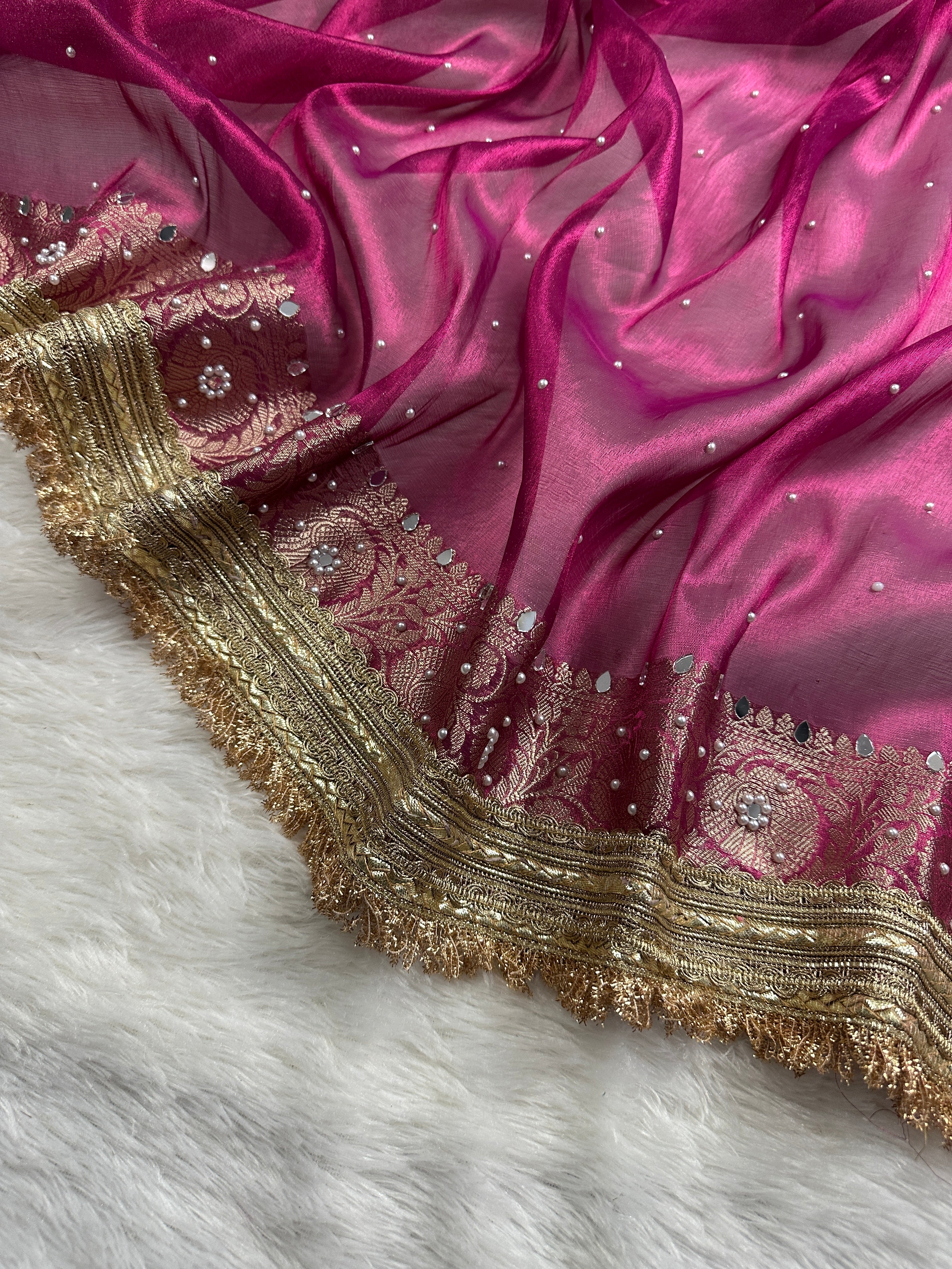 Wine Magenta Tissue Silk Saree With Mirror Work & Designer Lace Border