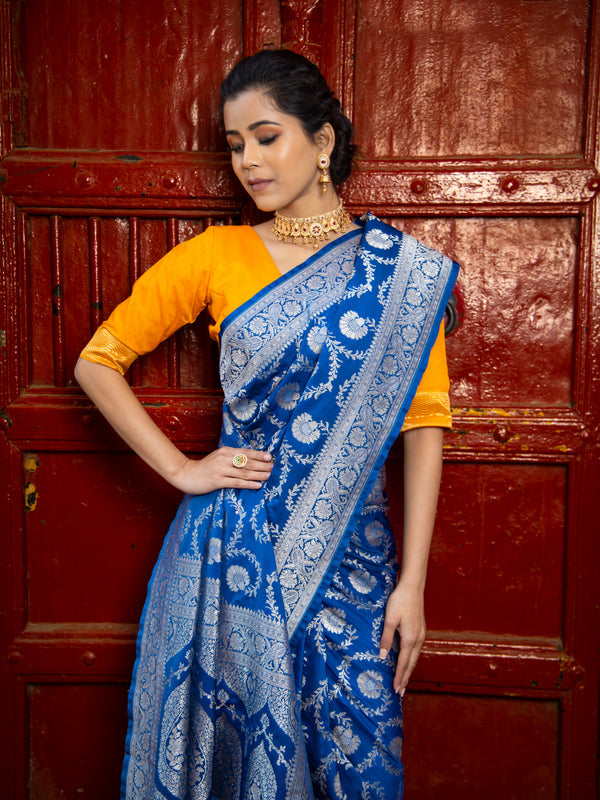 German Blue Mashru Kataan Silk Banarasi Saree