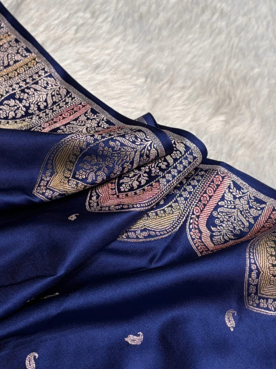 Navy Blue Meenakri Mashru Katan Silk Banarasi Saree