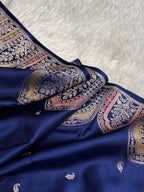 Navy Blue Meenakri Mashru Katan Silk Banarasi Saree