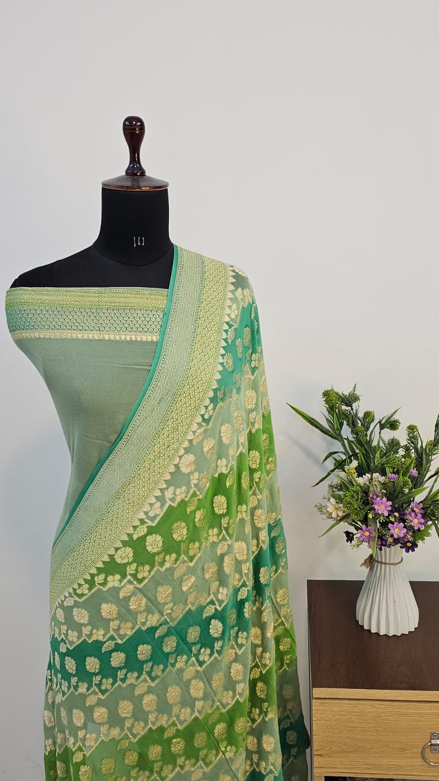 Sage Green Rangkat Pure Khaddi Georgette Silk Banarasi Saree