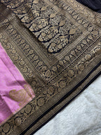 Dark Navy Blue & Pastel Pink Pure Khaddi Crep Silk Banarasi Saree