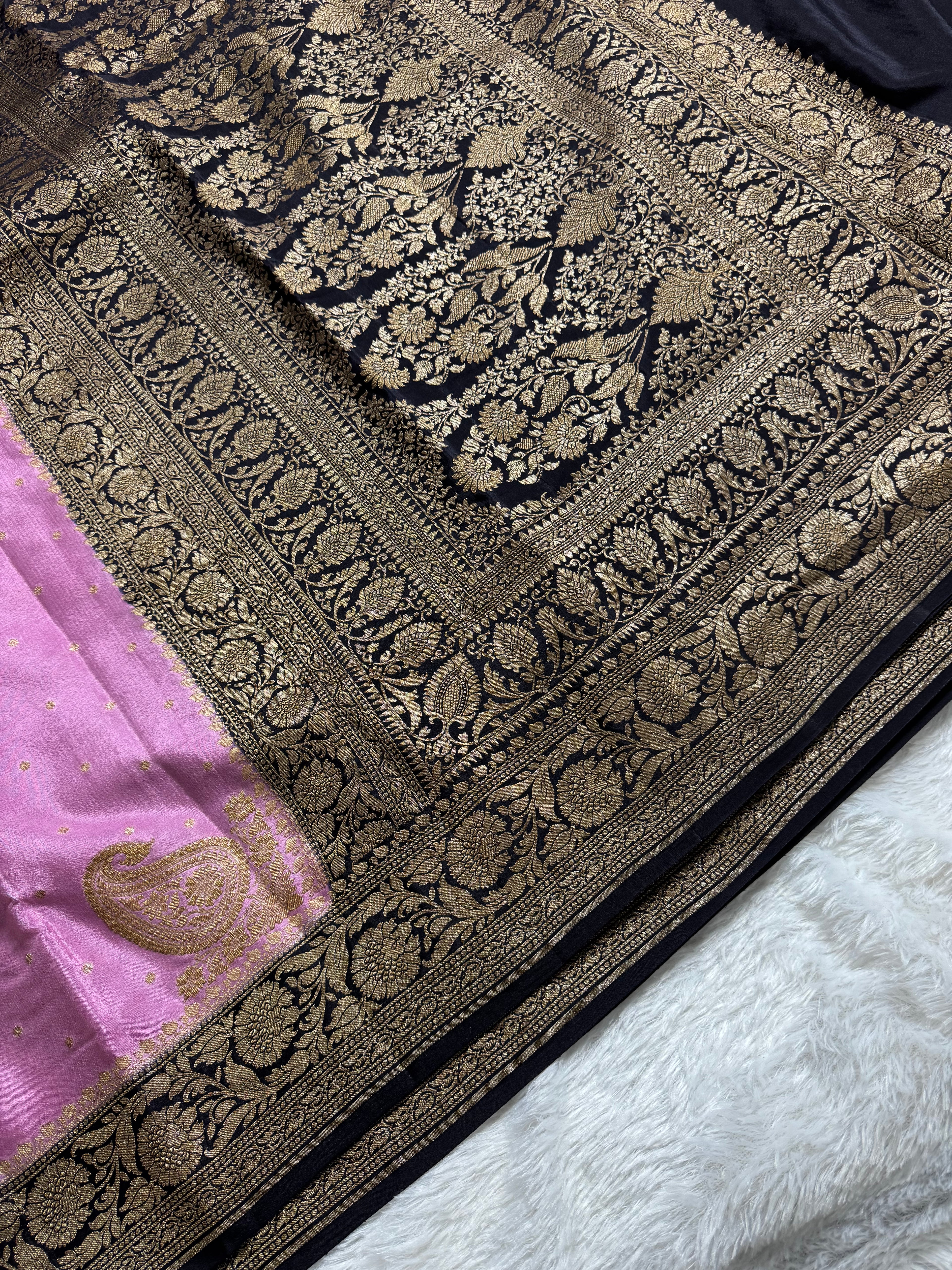 Dark Navy Blue & Pastel Pink Pure Khaddi Crep Silk Banarasi Saree