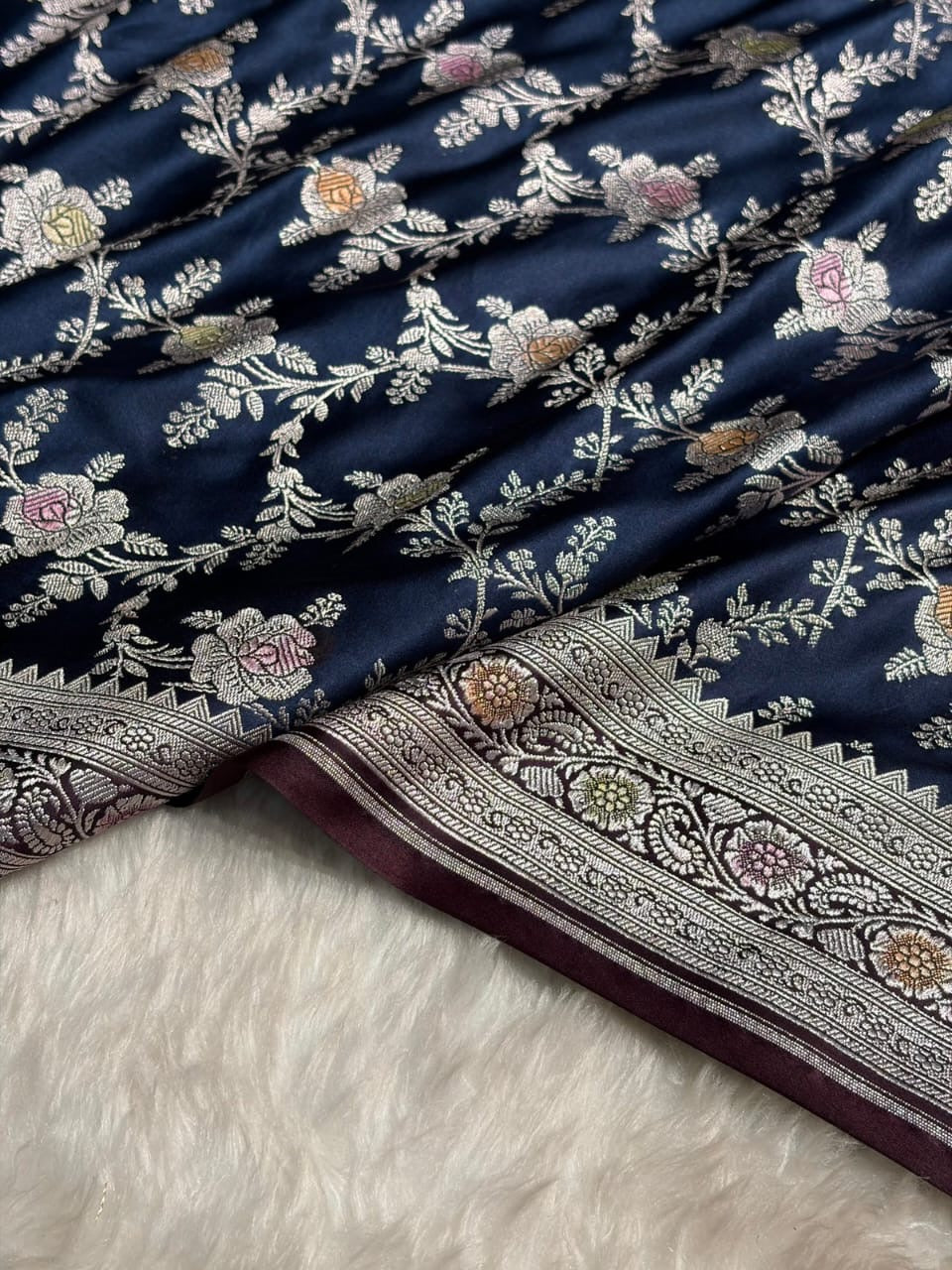 Navy blue & Wine Meenakari Mashru Katan Silk Banarasi Saree