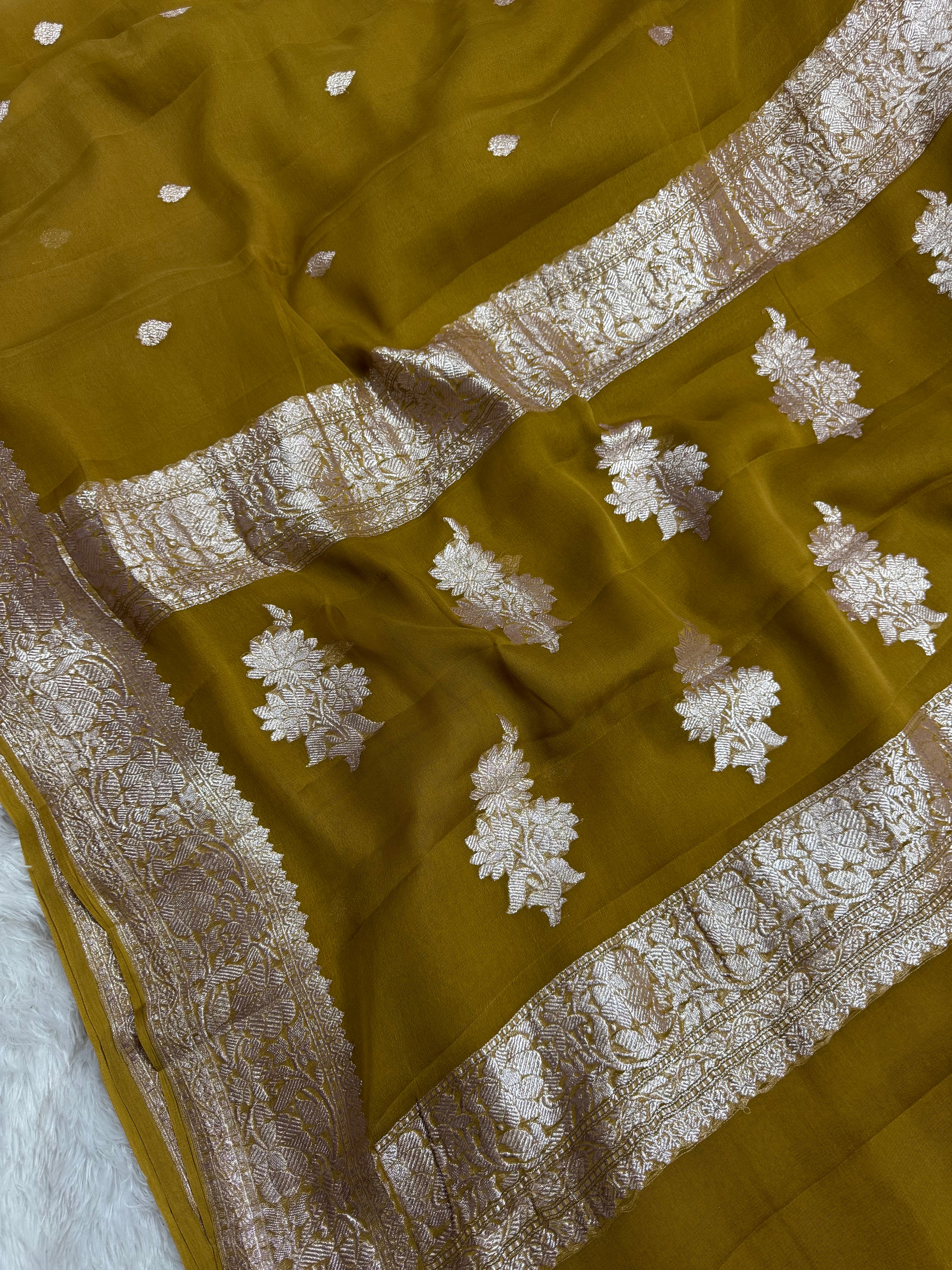 Golden Mustard Pure Khaddi Chiffon Silk Banarasi Saree