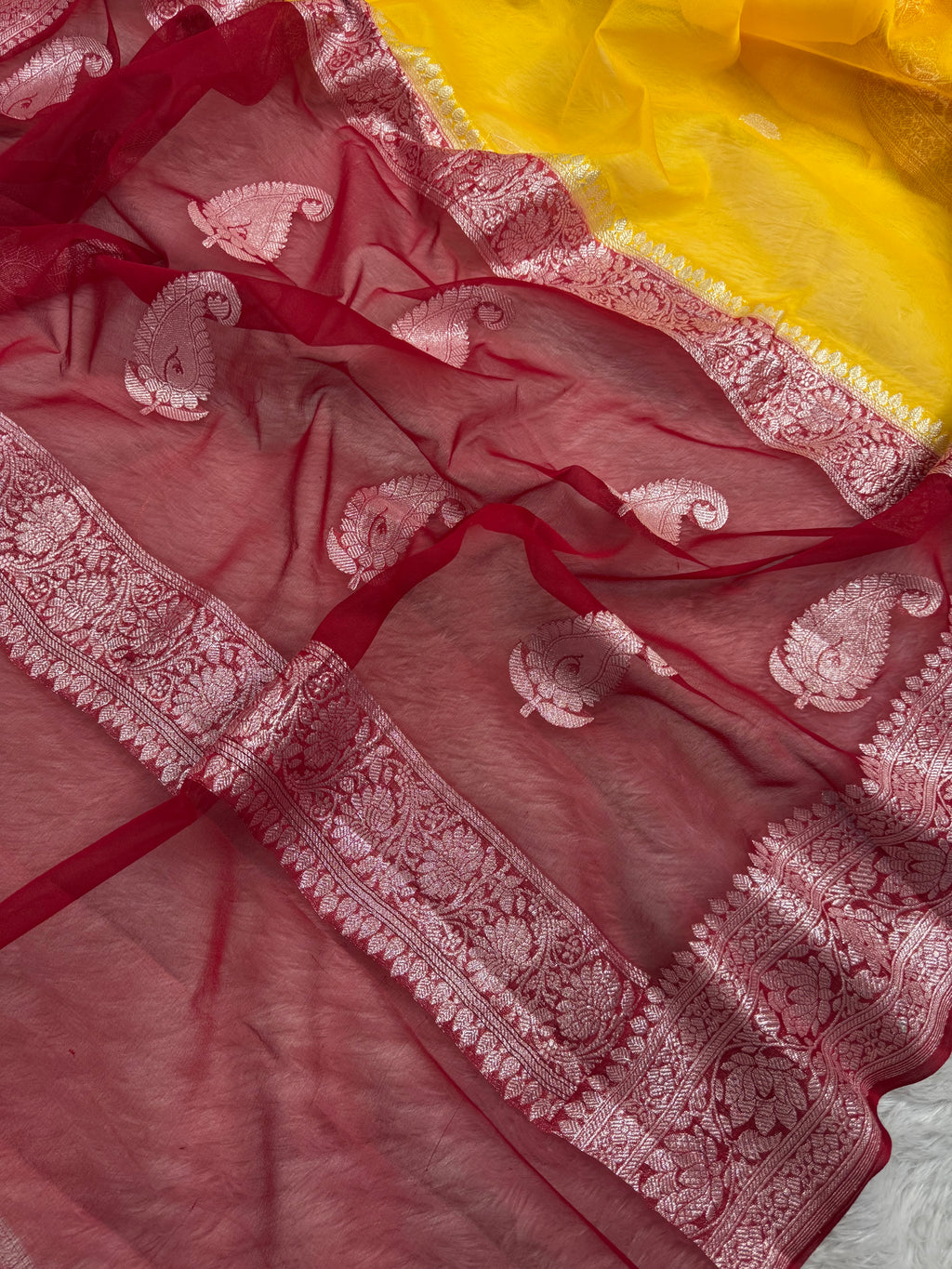 Yellow & Red Pure Khaddi Chiffon Silk Banarasi Saree