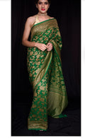 Deep Emerald Green Pure Khaddi Georgette Silk Banarasi Jaal Handwoven Saree