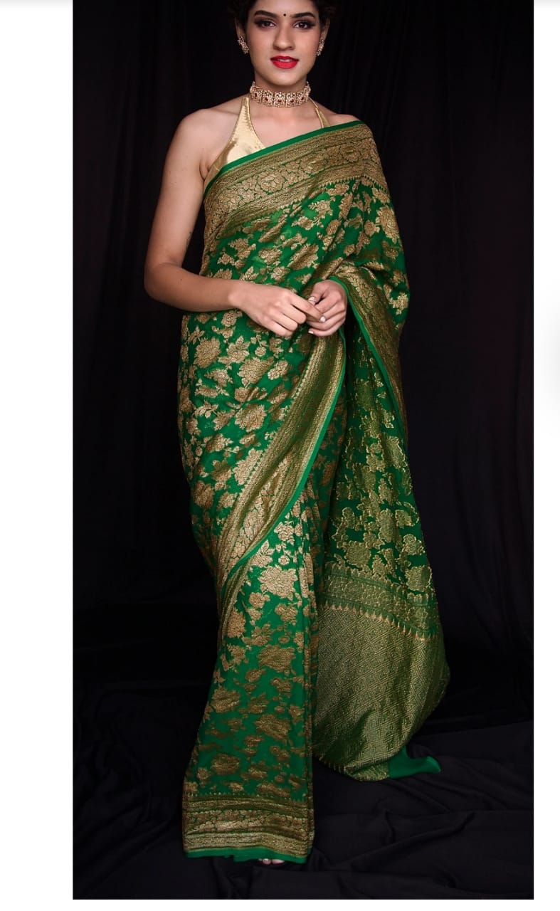 Deep Emerald Green Pure Khaddi Georgette Silk Banarasi Jaal Handwoven Saree