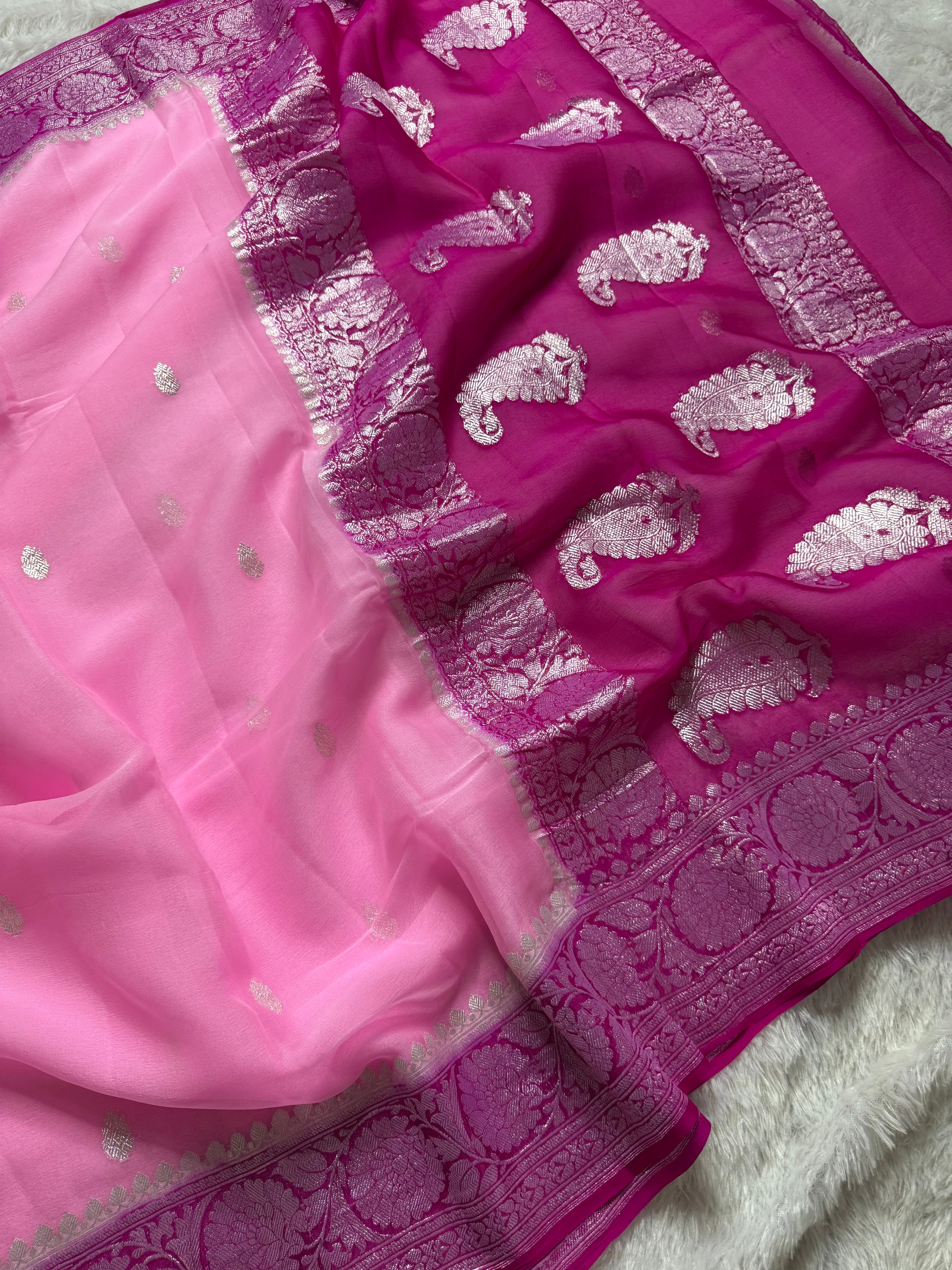 Pink & Rani Pink Pure Khaddi Chiffon Silk Banarasi Saree