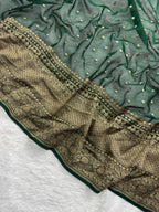 Bottle Green Pure Khaddi Georgette Silk Banarasi Saree