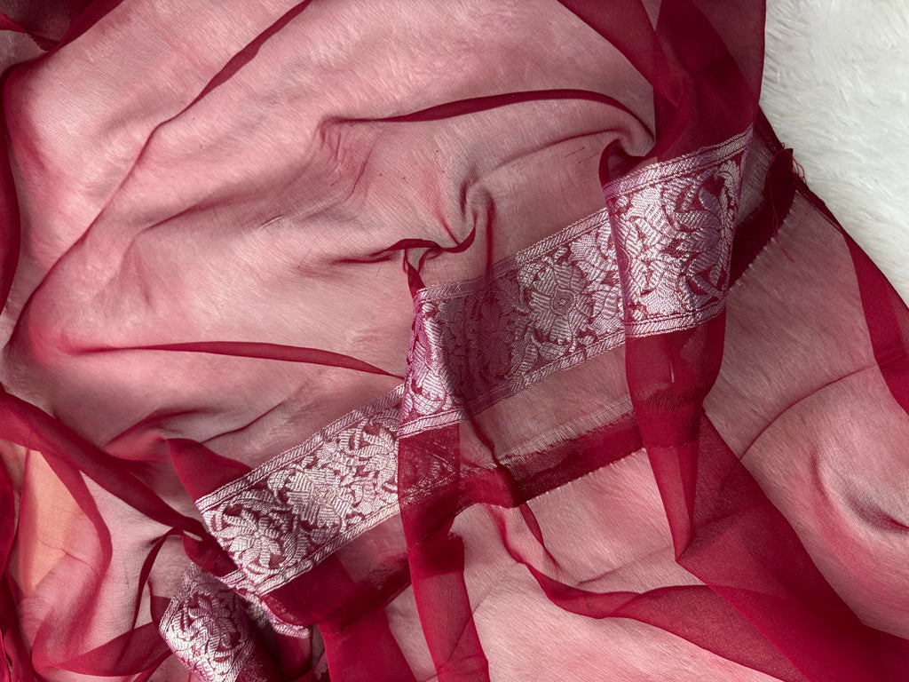 Deep Wine Red Pure Khaddi Chiffon Silk Banarasi Saree