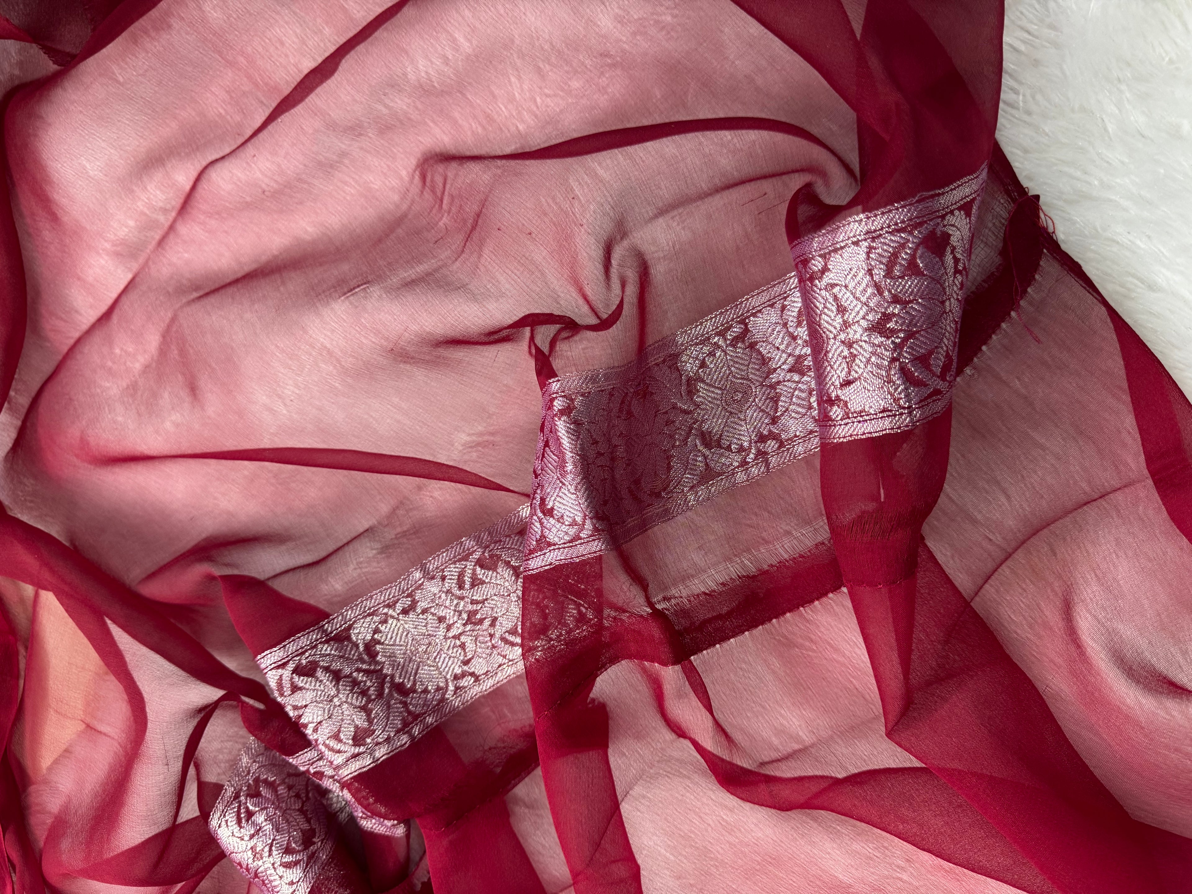 Deep Wine Red Pure Khaddi Chiffon Silk Banarasi Saree