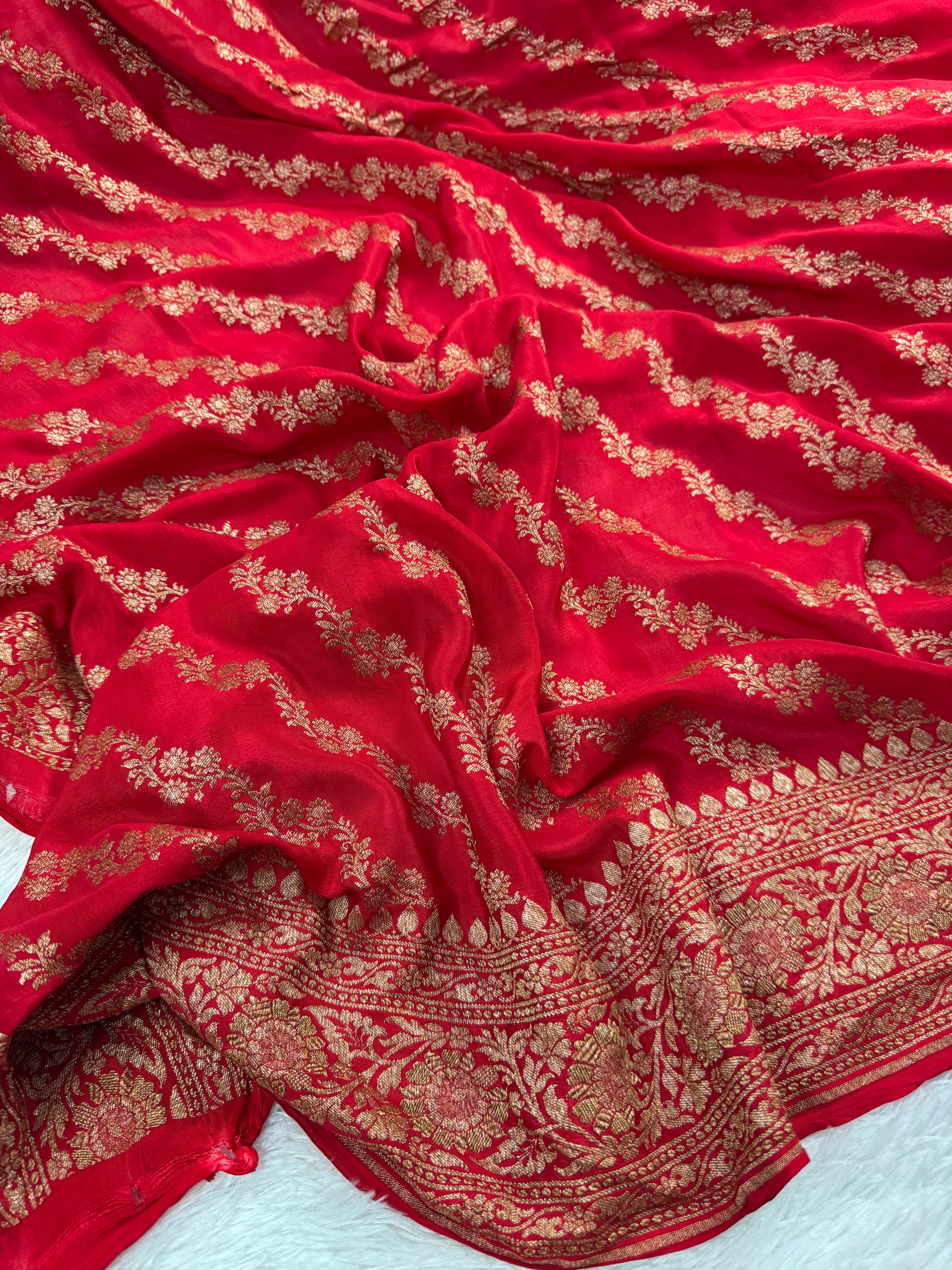 Red Pure Khaddi Crep Silk Banarasi Saree