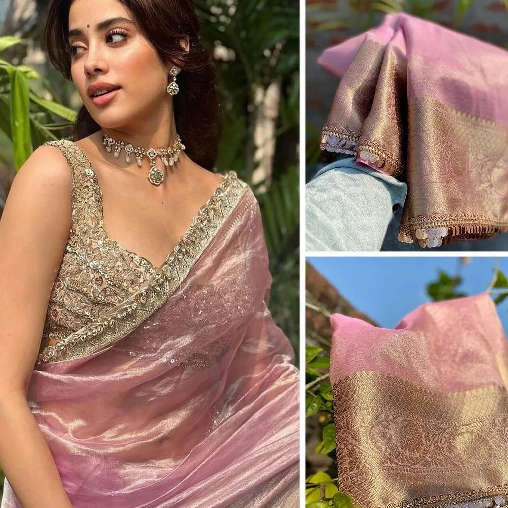 Janhvi Kapoor Inspired Baby Pink Soft Tissue Silk Saree