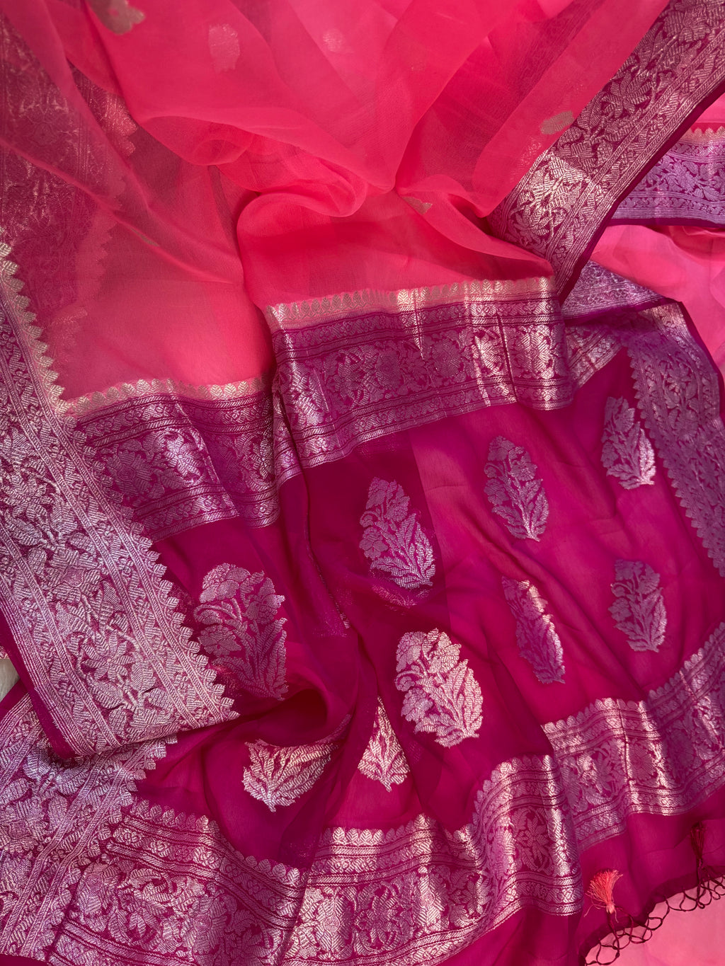 Pink & Hot Pink Pure Khaddi Chiffon Silk Banarasi Saree
