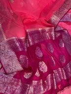 Pink & Hot Pink Pure Khaddi Chiffon Silk Banarasi Saree