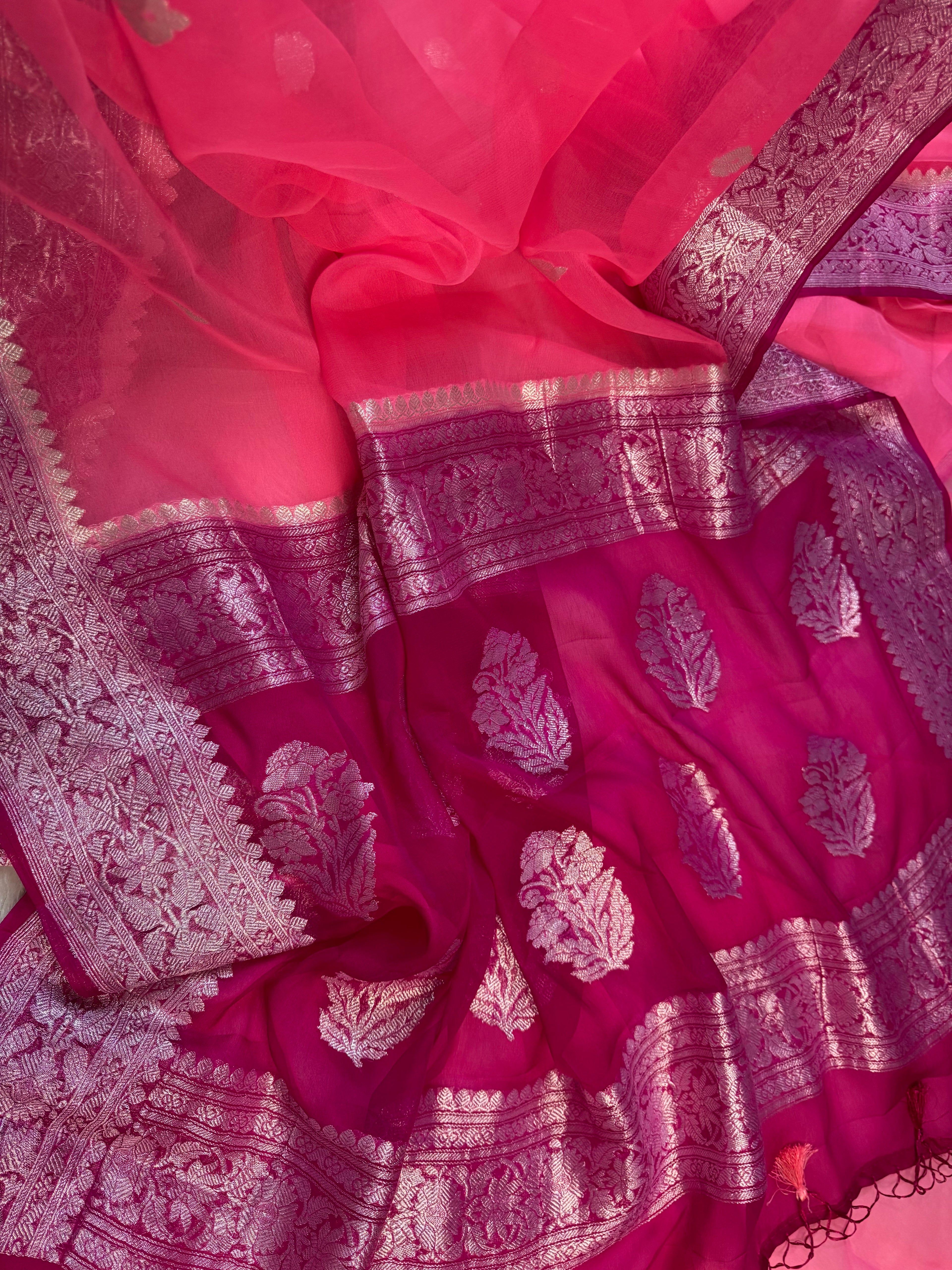 Pink & Hot Pink Pure Khaddi Chiffon Silk Banarasi Saree