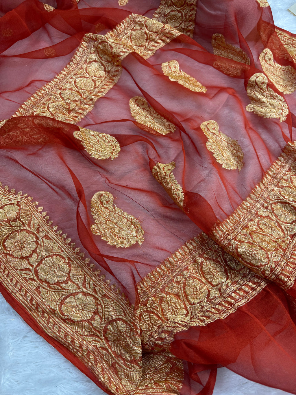 Rust Pure Khaddi Chiffon Silk Banarasi Saree