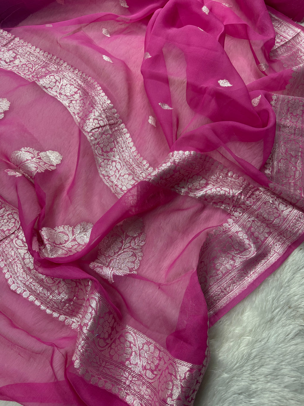 Fuchsia Pink Pure Khaddi Chiffon Silk Banarasi Saree