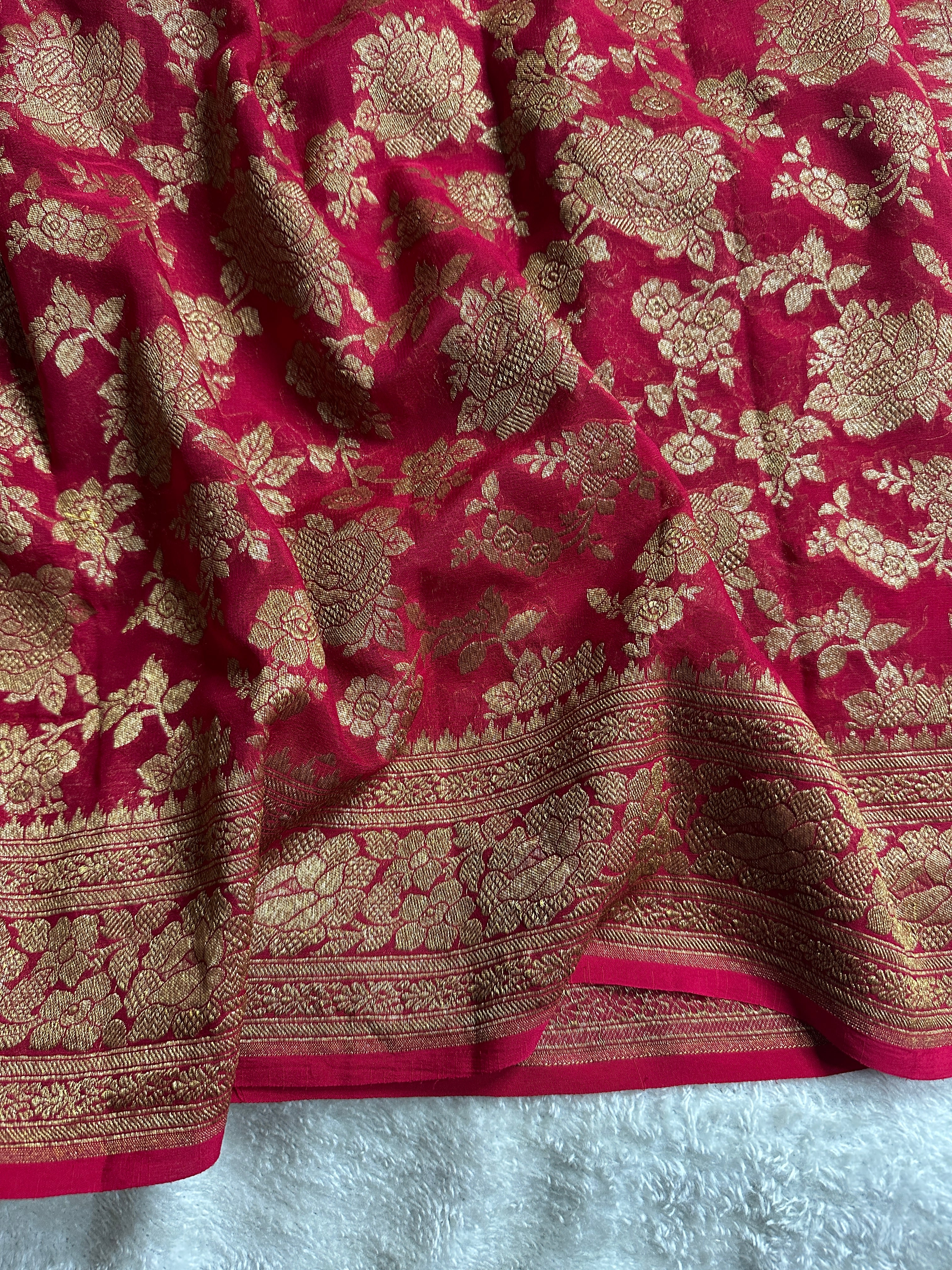 Red Pure Khaddi Georgette Silk Banarasi Saree