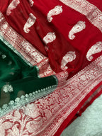 Green & Red Pure Khaddi Chiffon Silk Banarasi Saree