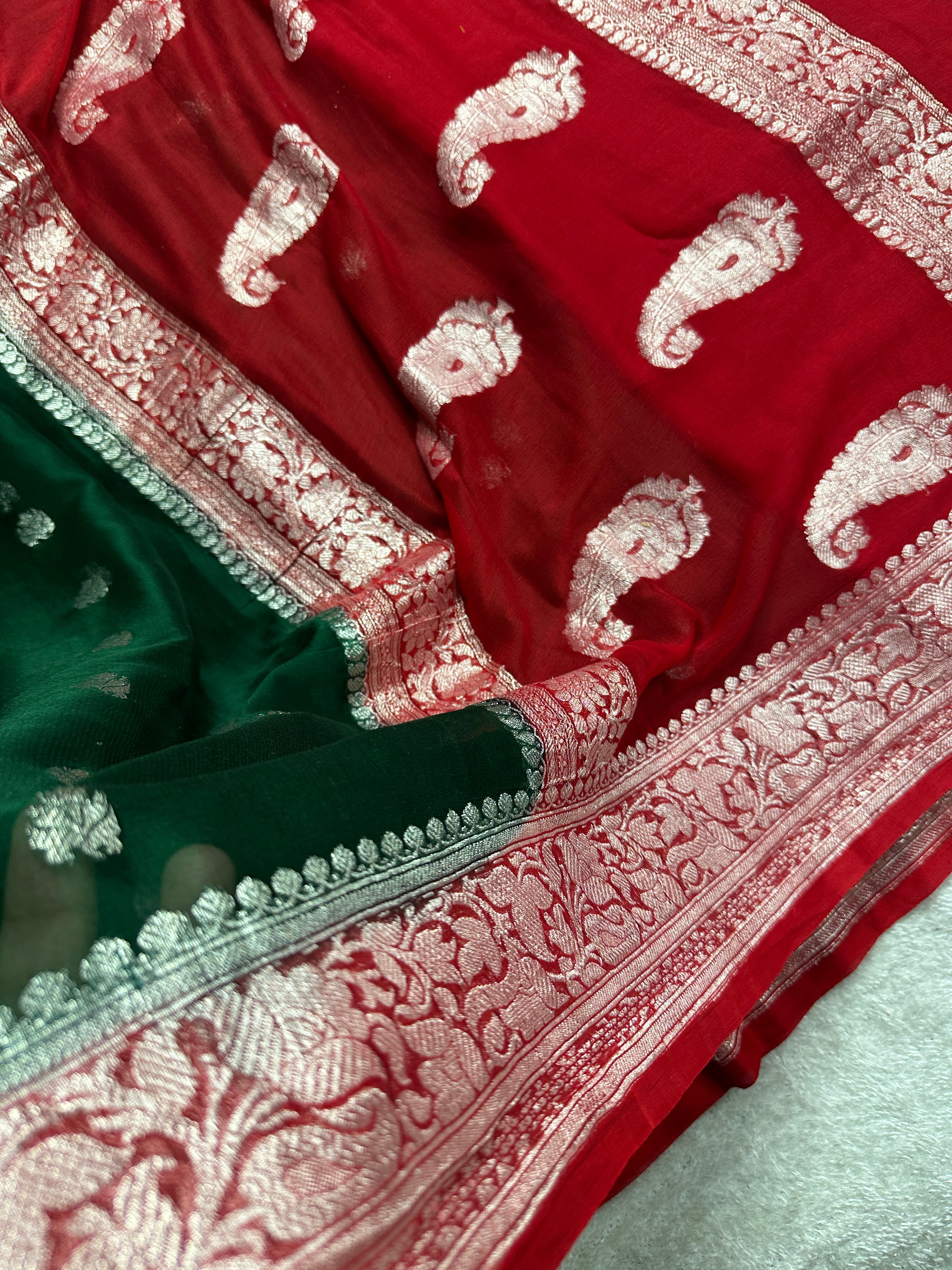 Green & Red Pure Khaddi Chiffon Silk Banarasi Saree