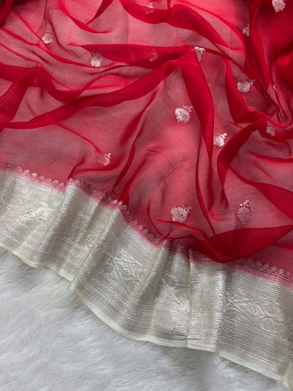 Red & Beige Pure Khaddi Chiffon Silk Banarasi Saree