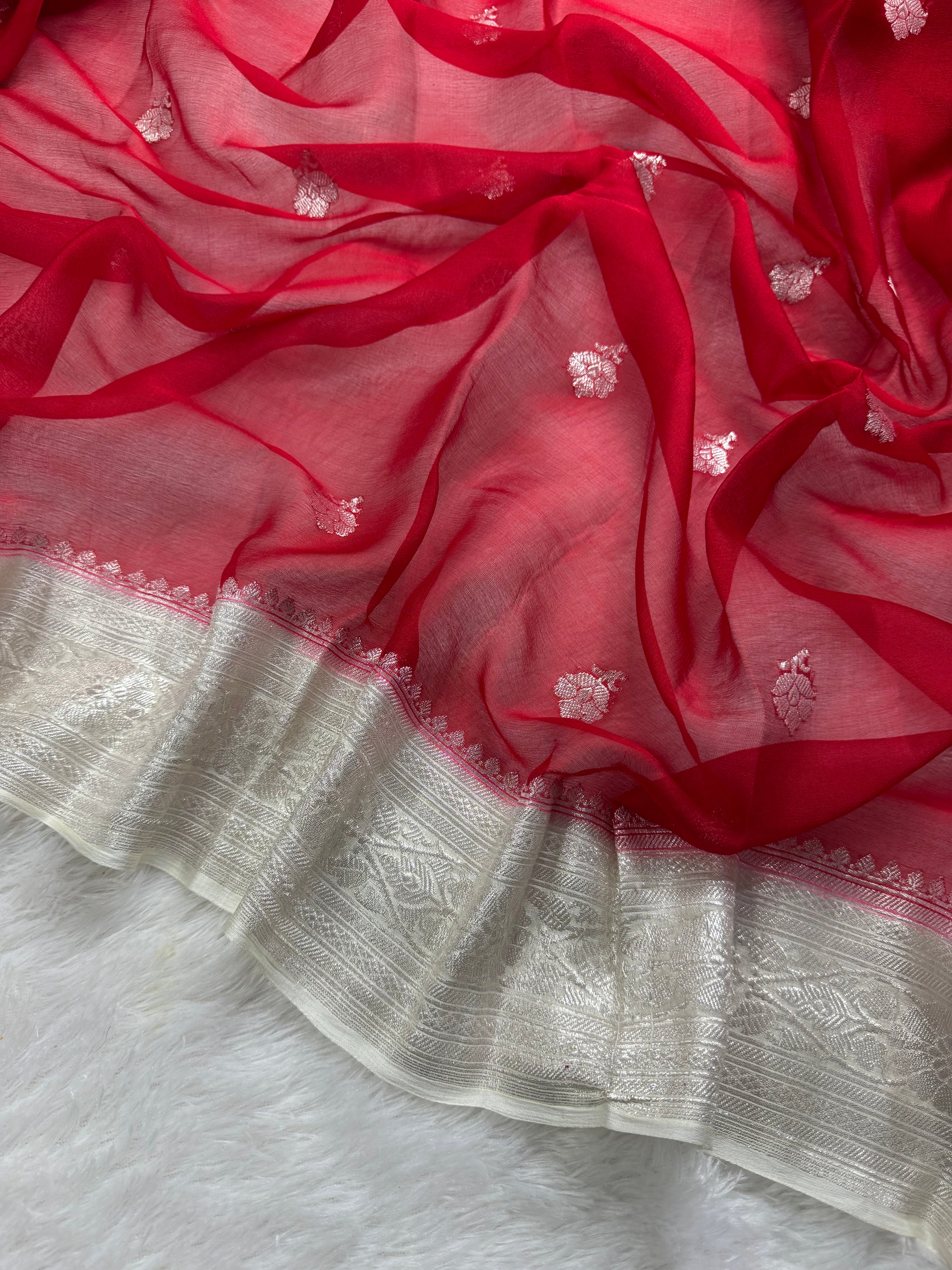 Red & Beige Pure Khaddi Chiffon Silk Banarasi Saree