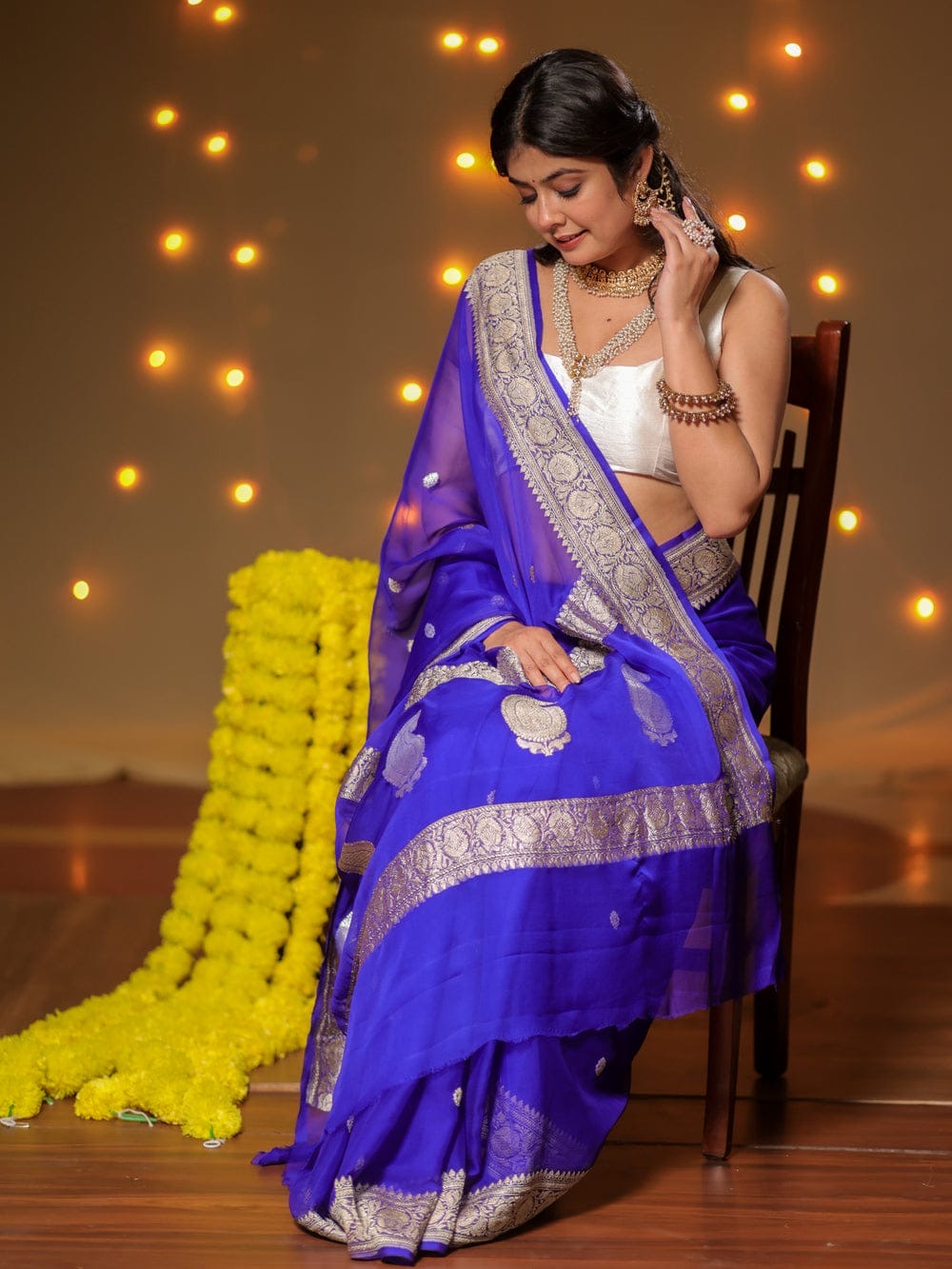 Royal Blue Pure Khaddi Chiffon Silk Banarasi Saree