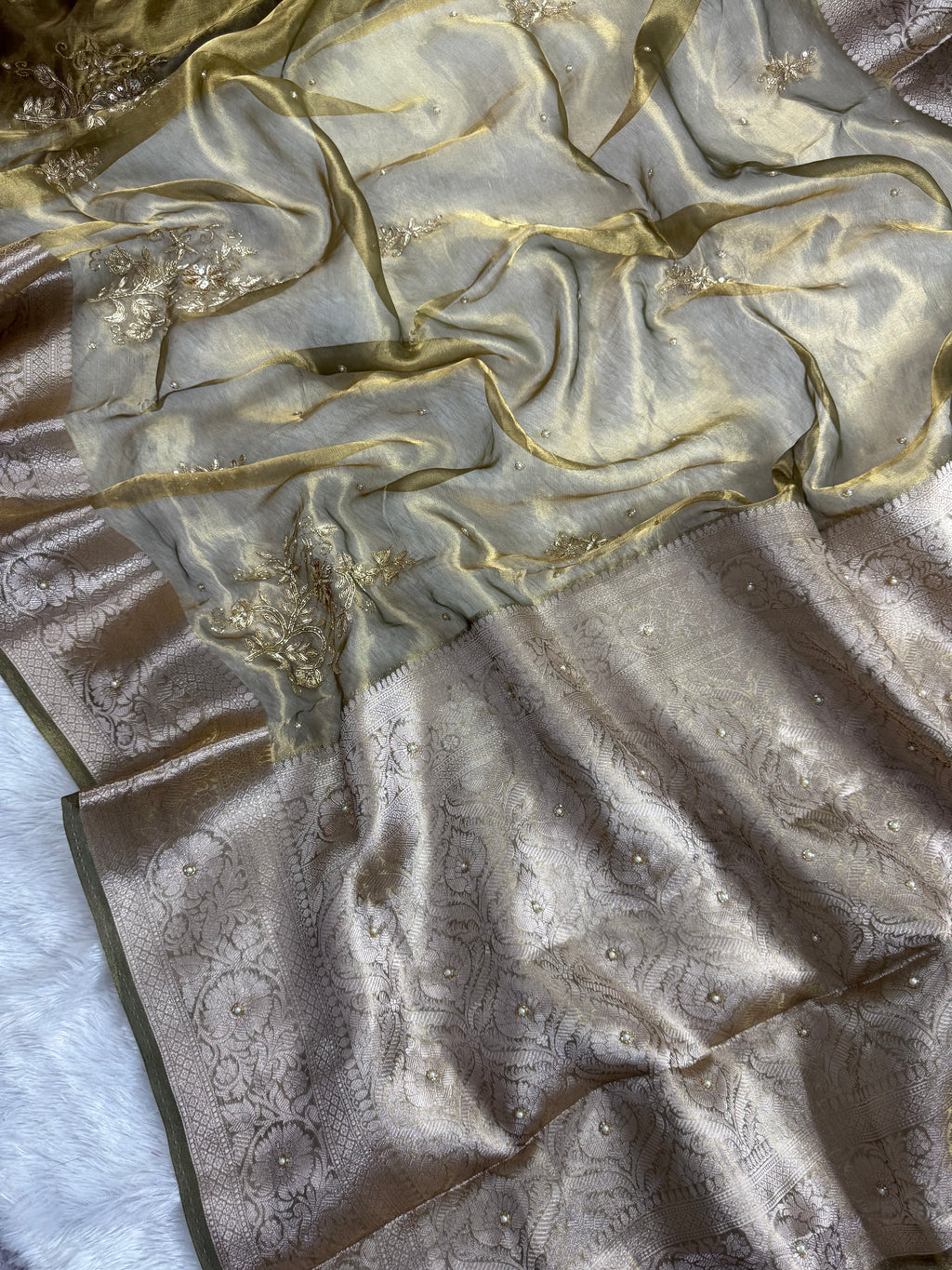 Olive Gold Pure Tissue Silk Banarasi Zardozi Work Saree