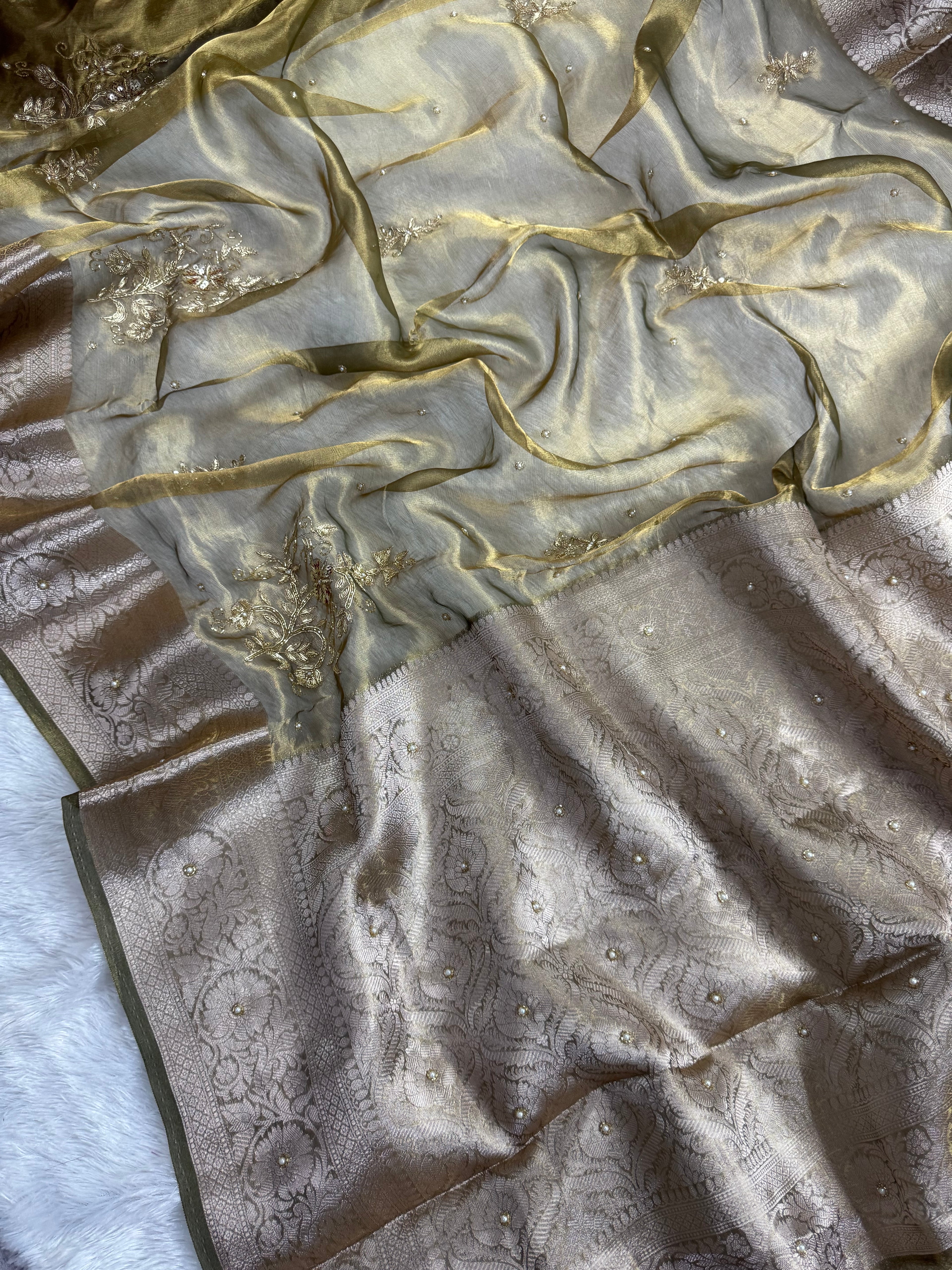 Olive Gold Pure Tissue Silk Banarasi Zardozi Work Saree