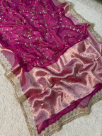 Pure Banarasi Tissue Saree with Hand Work on all over Body with Intricate Border and Pallu Design Along with Gotta Patti Lace Work