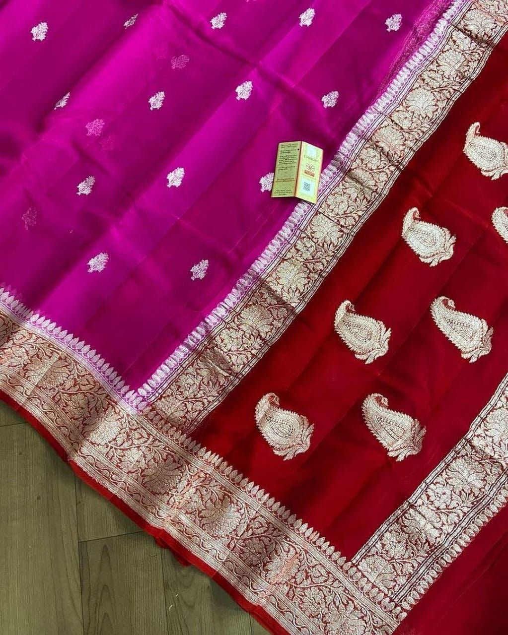 Red & Rani Pure khaddi Chiffon Silk Banarasi Saree