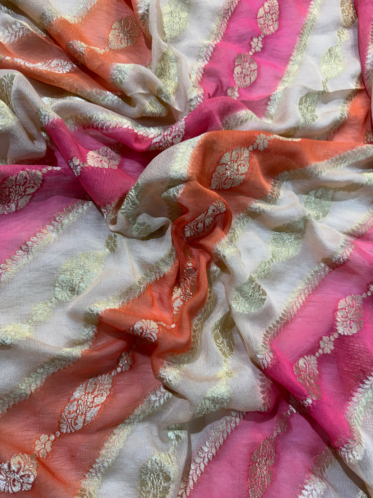 Beige Rangkat Handbrush Pure Khaddi Georgette Silk Banarasi Saree
