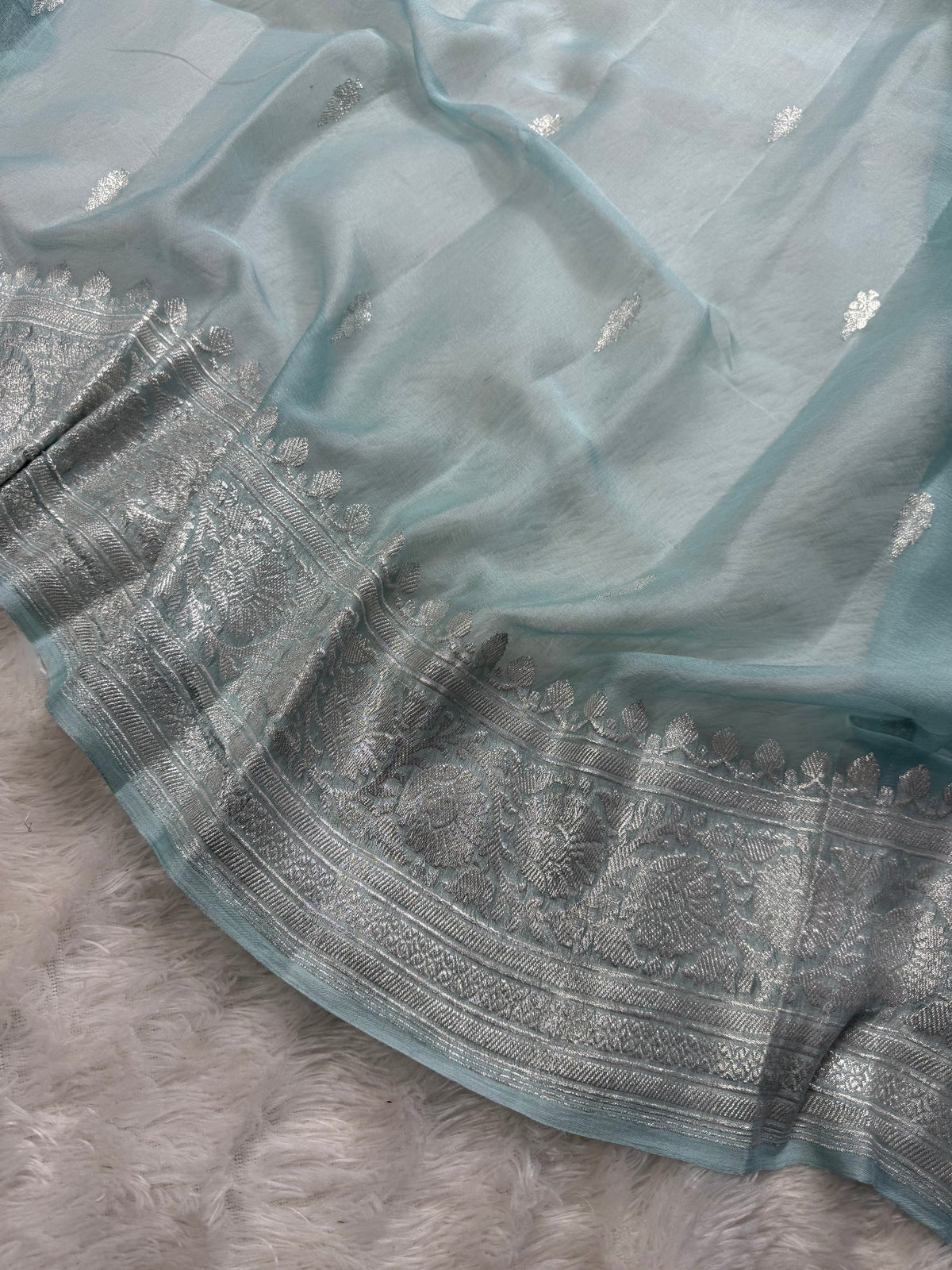 Pastel Ice Blue Pure Khaddi Chiffon Silk Banarasi Saree