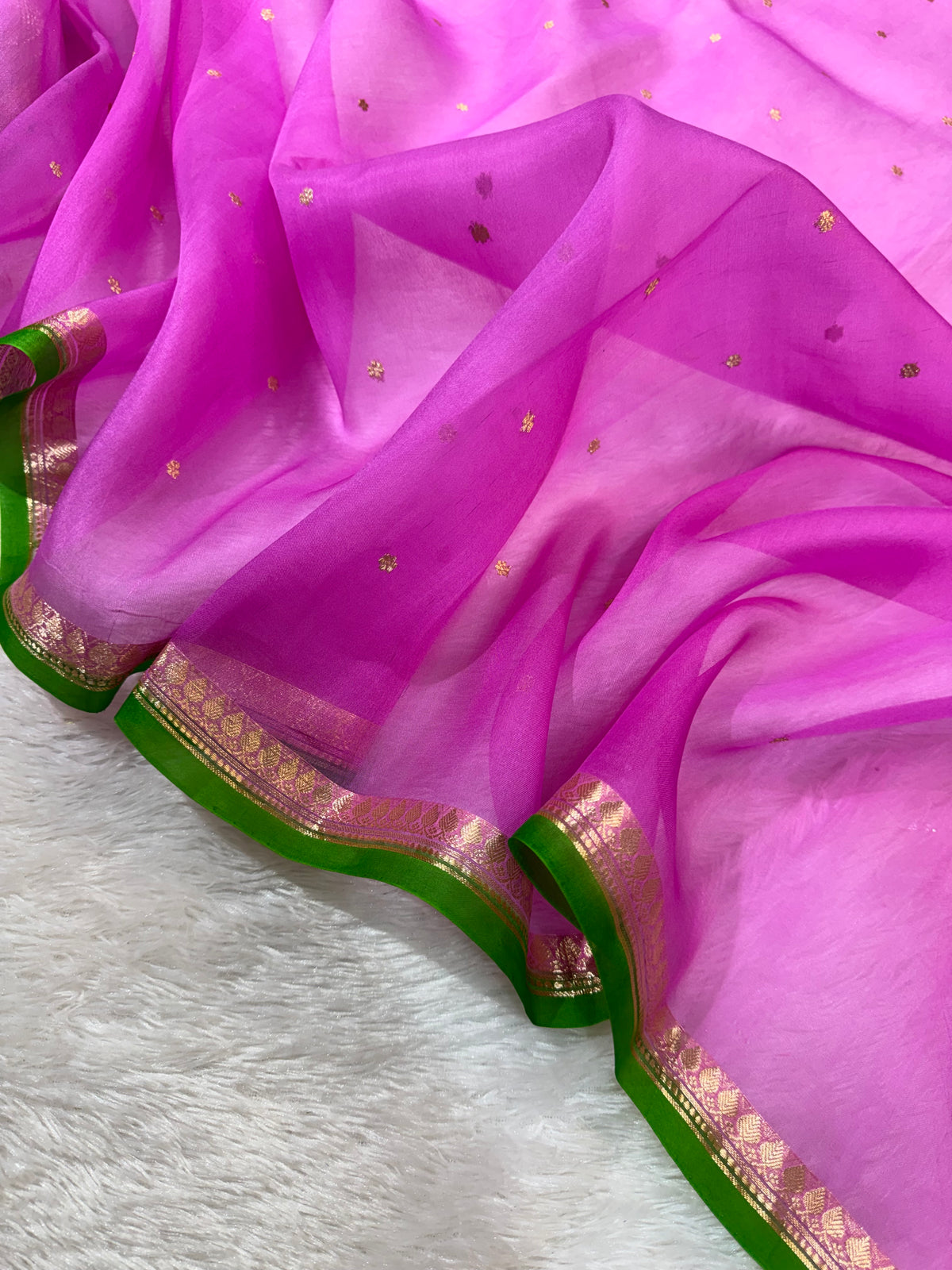 Magenta Pink & Green Pure Kora Organza Silk Banarasi Saree