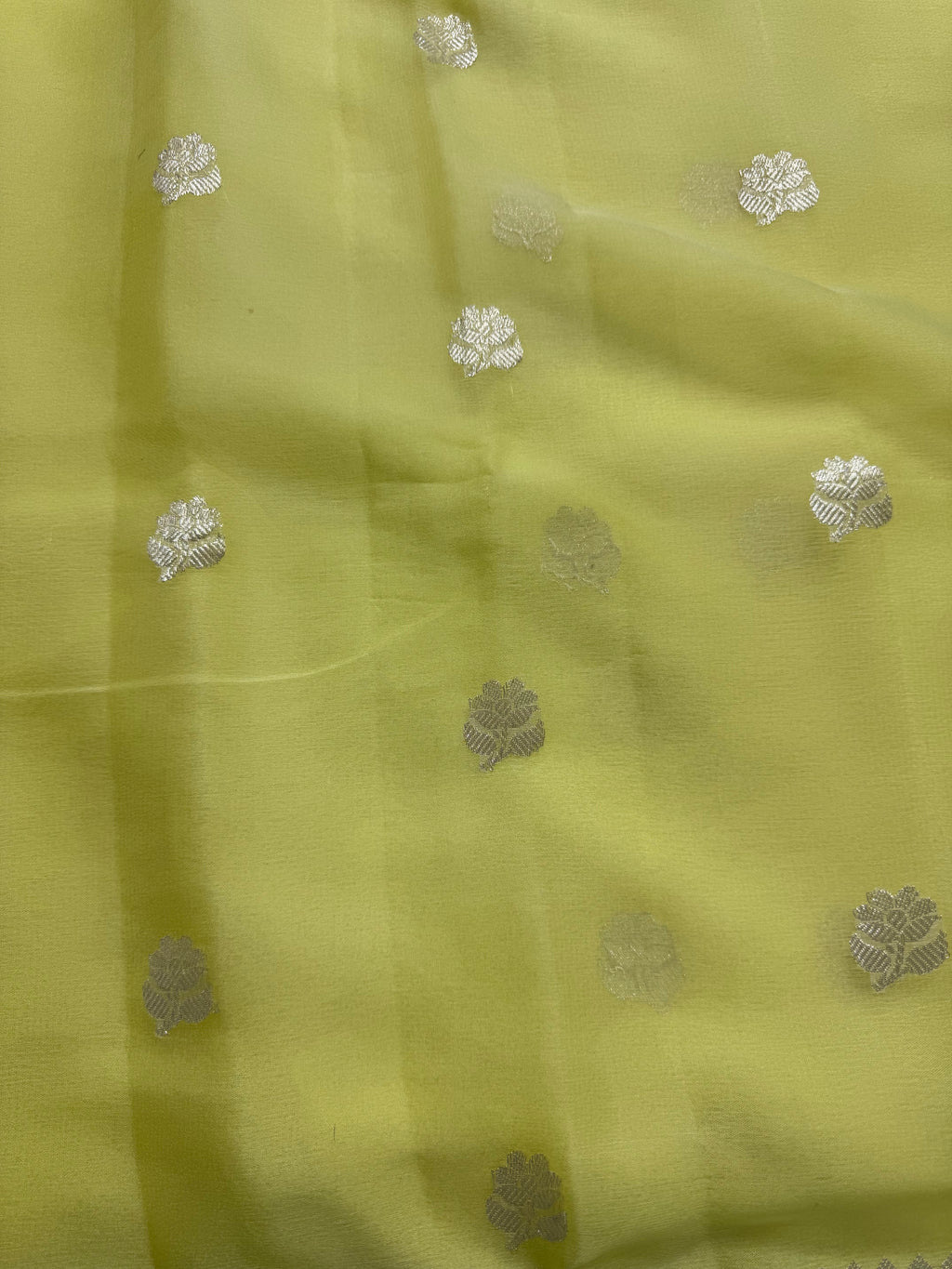 Lemon & Sea Green Pure Khaddi Chiffon Silk Banarasi Saree